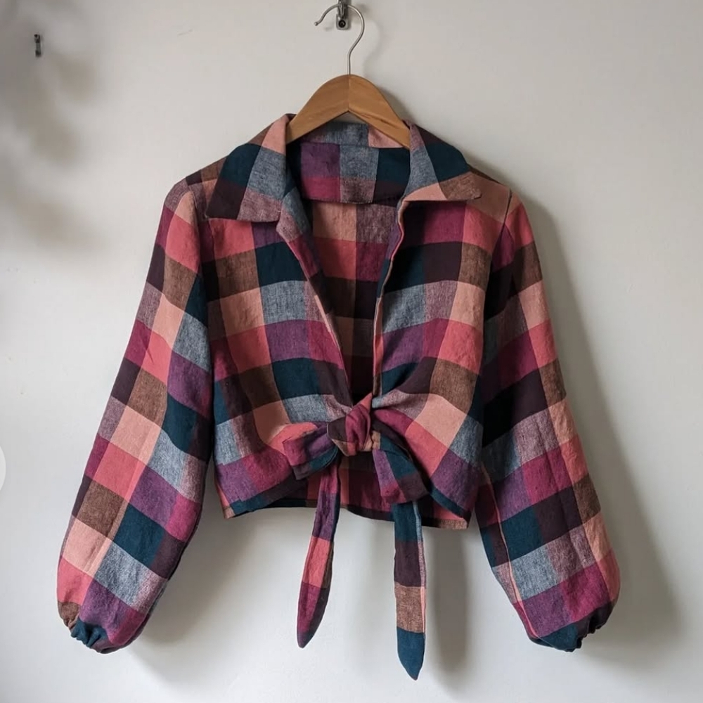 Handmade Saturday Set Plaid Tie-Front Top Merchant And Mills Fabric